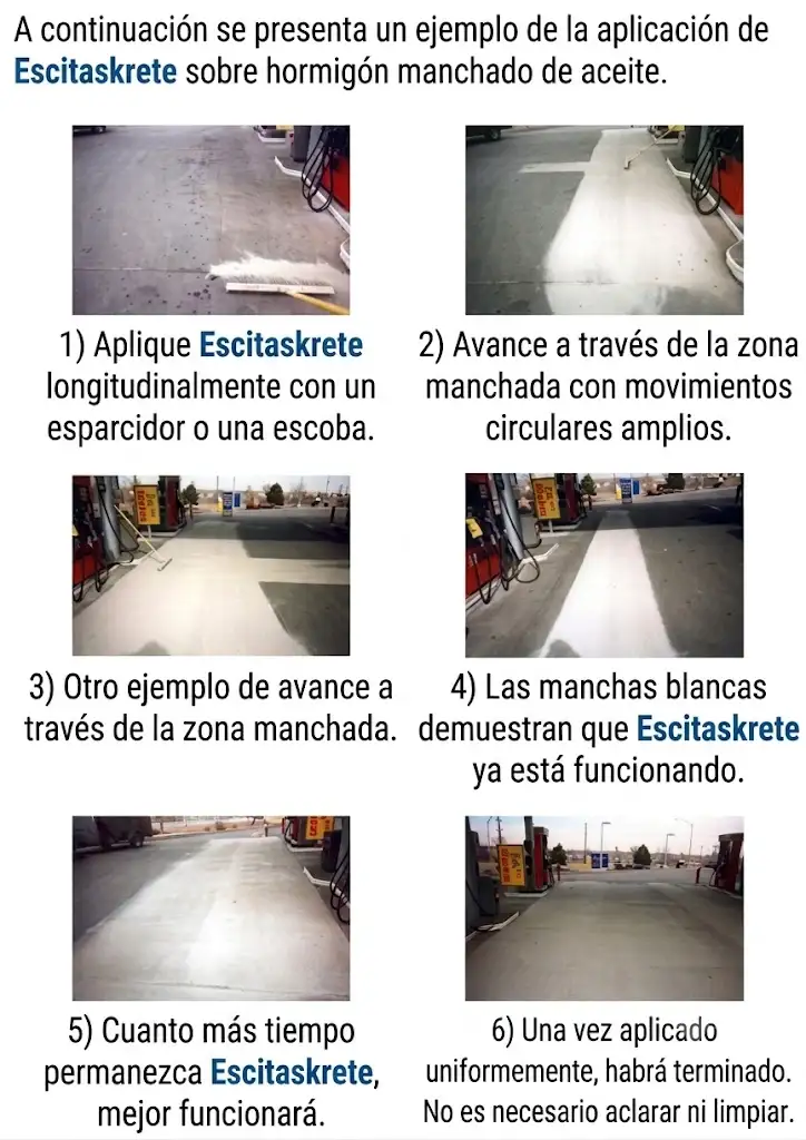 Pasos para aplicar EscitasKrete sobre concreto manchado de aceite en una gasolinera